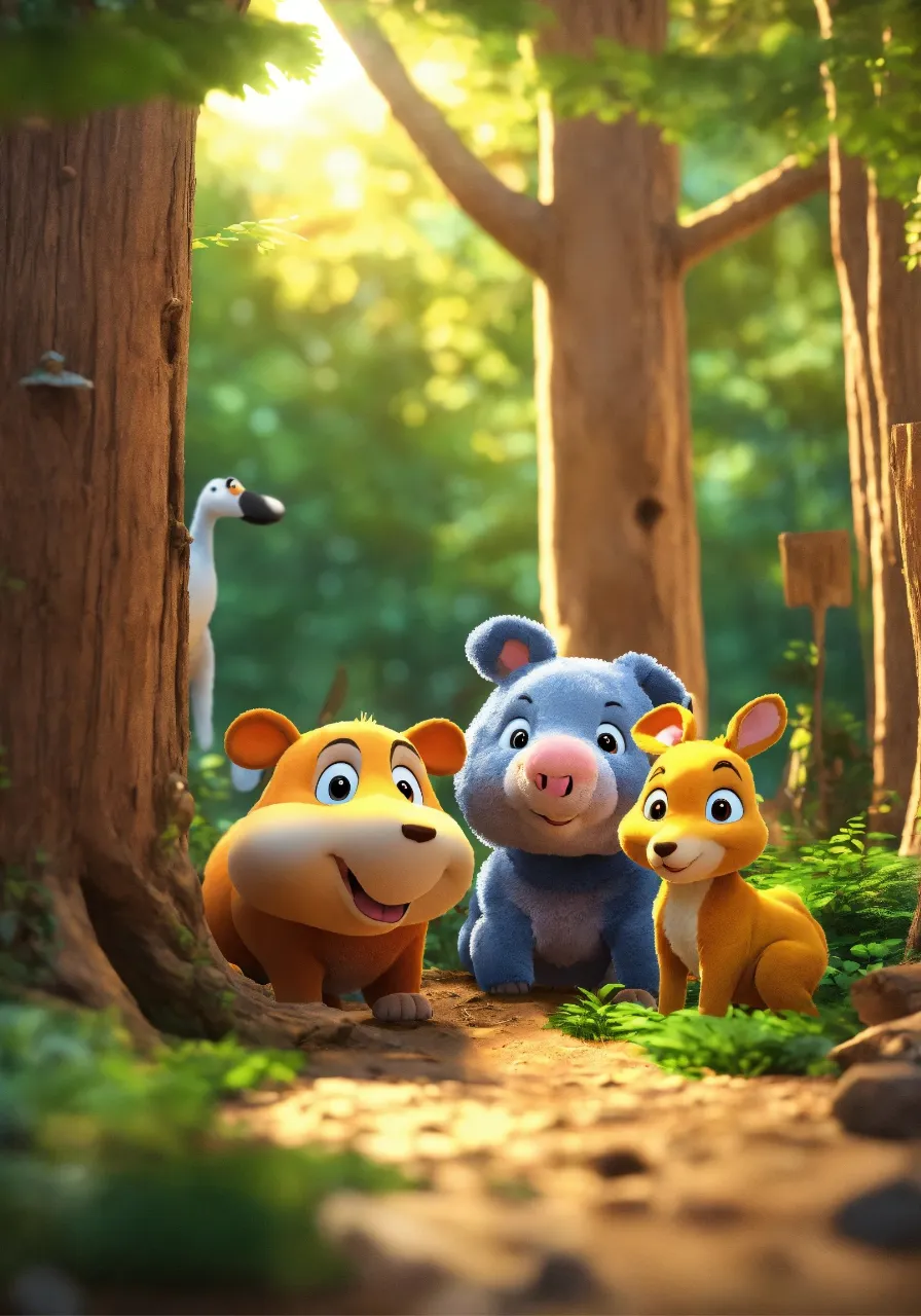 a group of animated animals standing in a forest