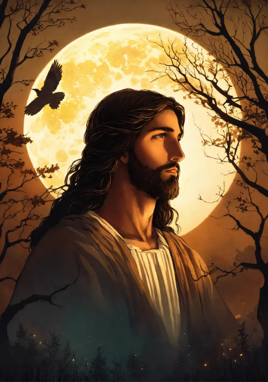 a painting of jesus in front of a full moon