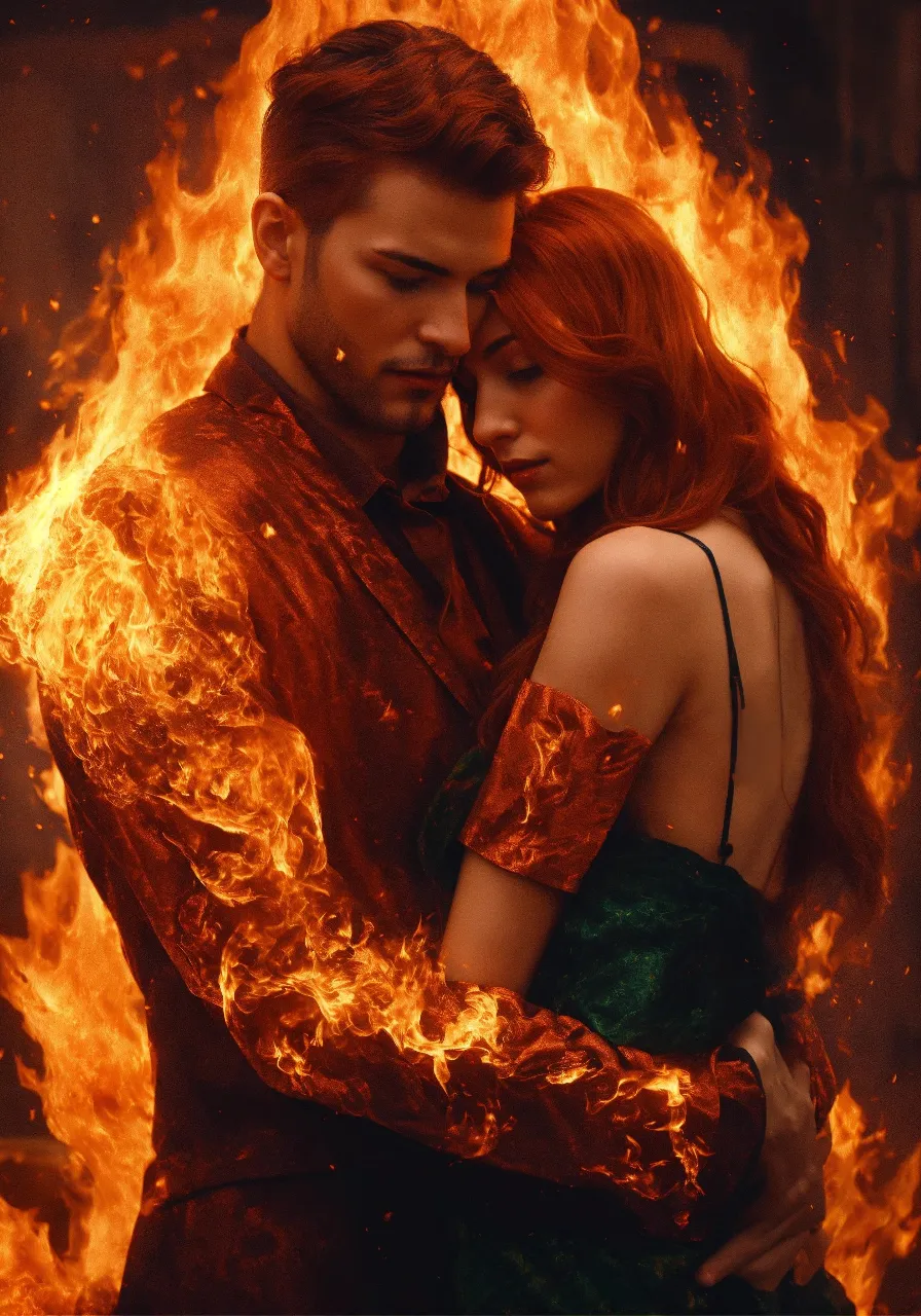 a man and a woman embracing in front of a fire