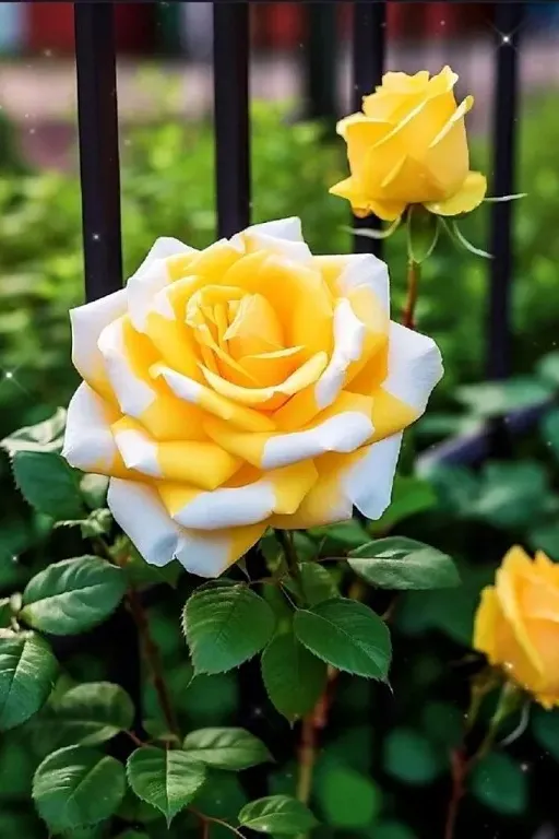 a close up of a yellow rose near a fence