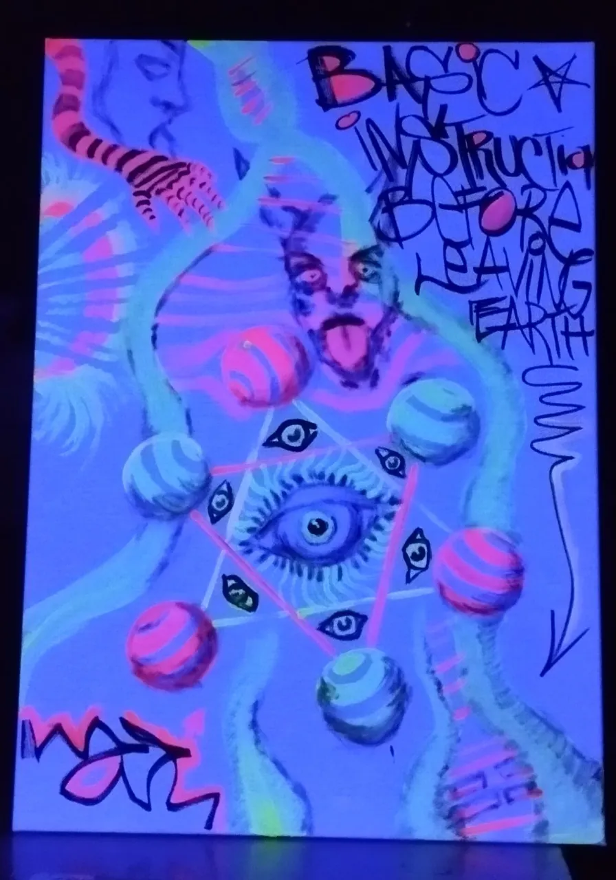 a painting with green and pink neon DNA codes and striped balls