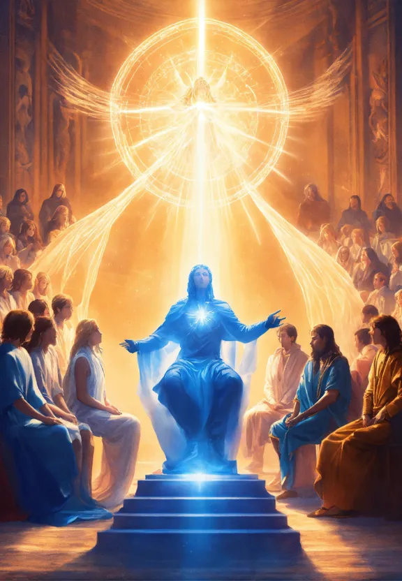 a painting of jesus surrounded by people