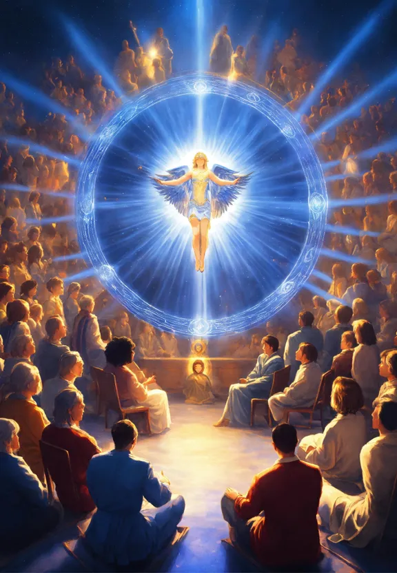 a painting of an angel surrounded by people