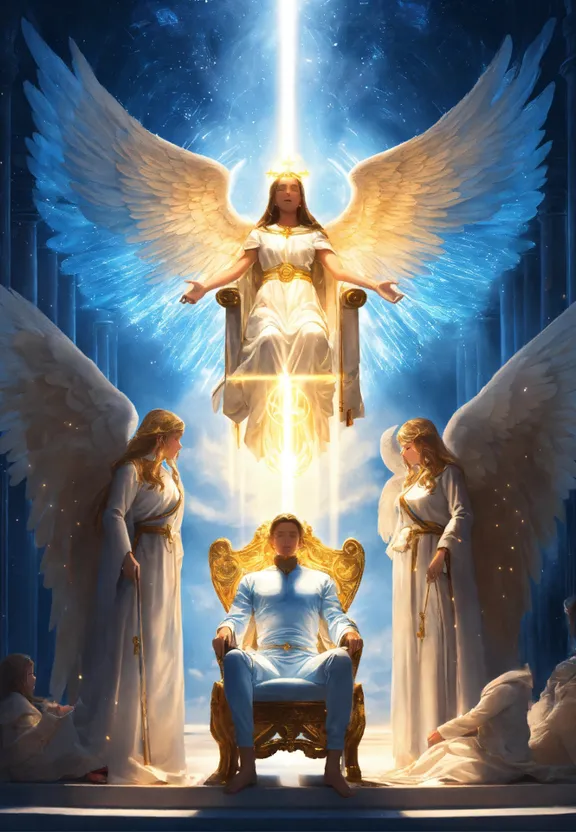 a man sitting in a chair surrounded by angels