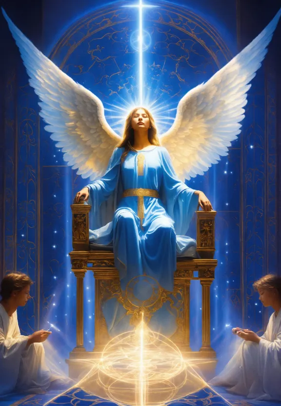 a painting of an angel sitting on top of a chair