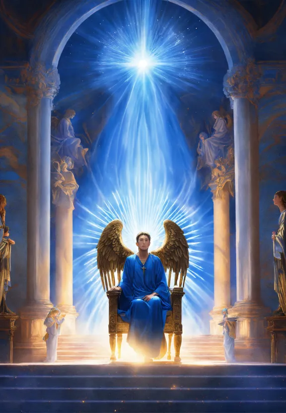 a painting of an angel sitting on a throne