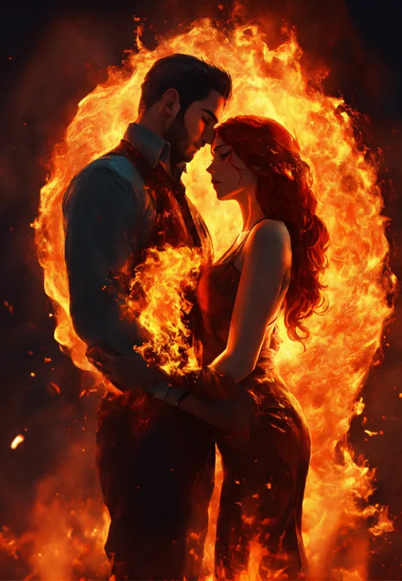 a man and a woman standing in front of a fire