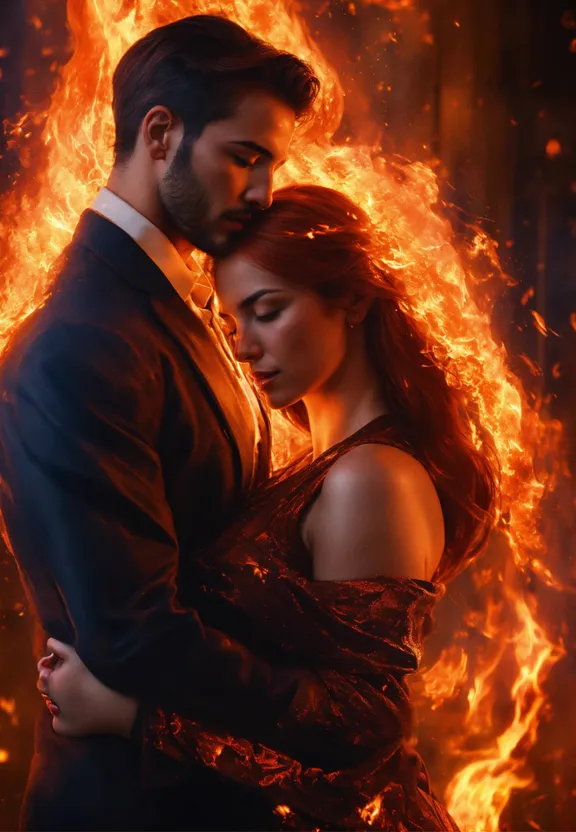 a man and a woman standing in front of a fire