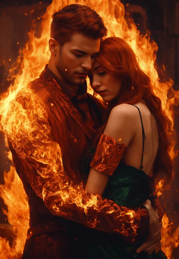 a man and a woman embracing in front of a fire