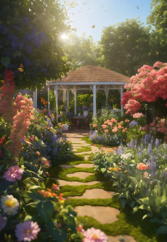 a garden with a gazebo surrounded by flowers