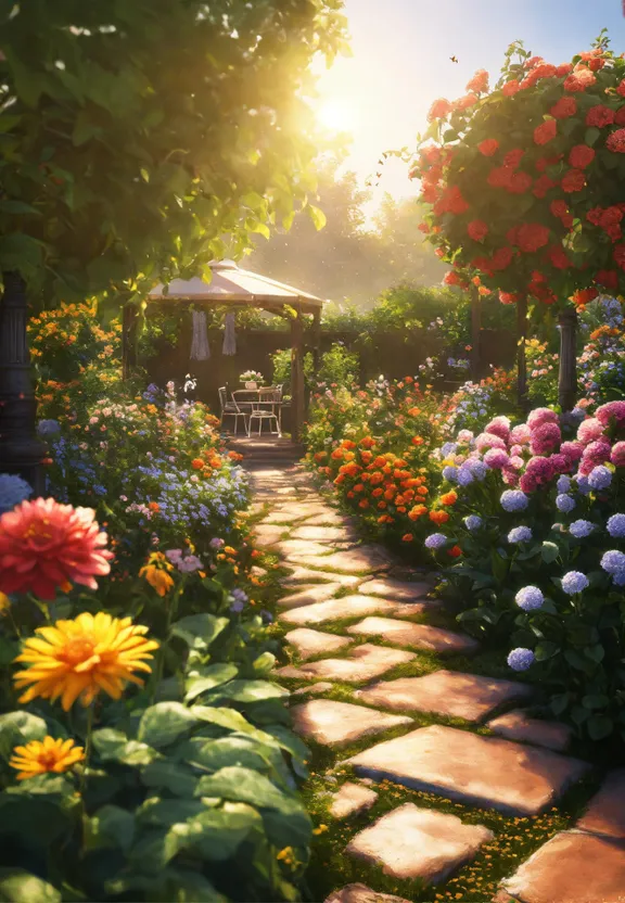 a garden filled with lots of flowers and a gazebo