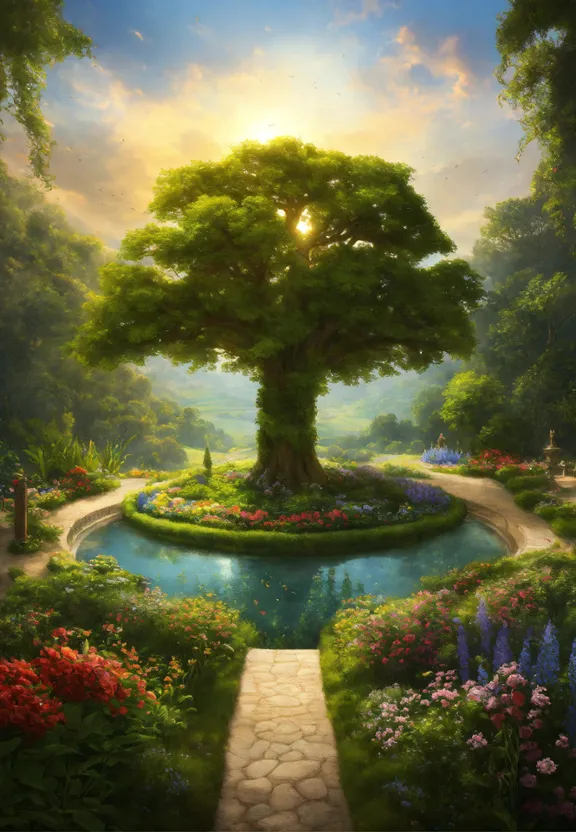 a painting of a tree in a garden