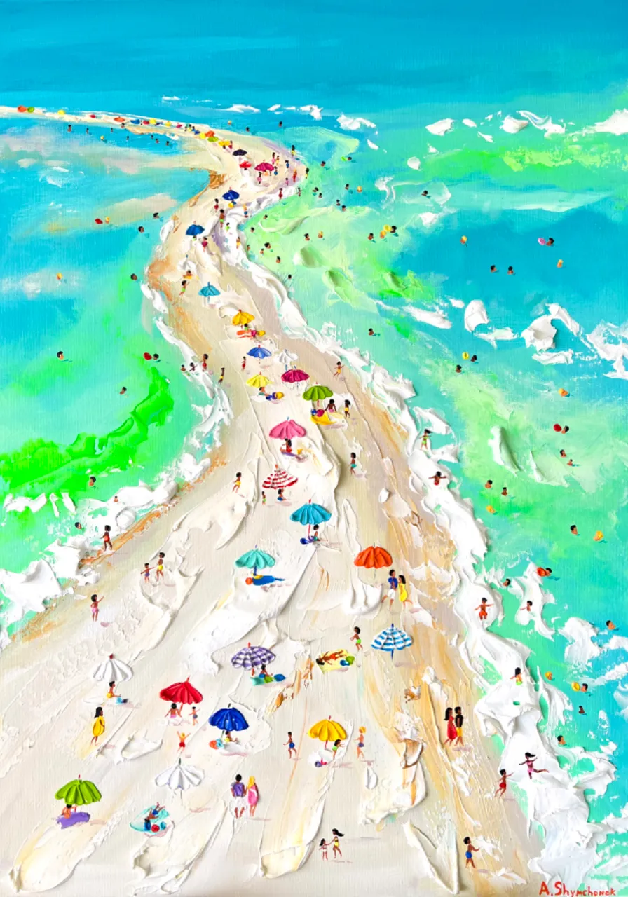 a painting of people on a beach with umbrellas