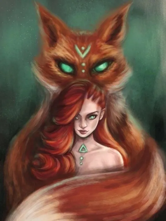 a painting of a woman with green eyes and a fox head