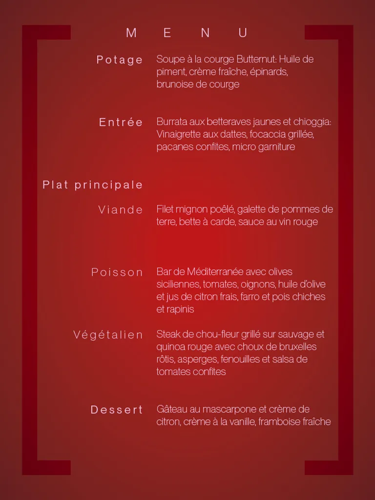 a menu for a restaurant with a red background