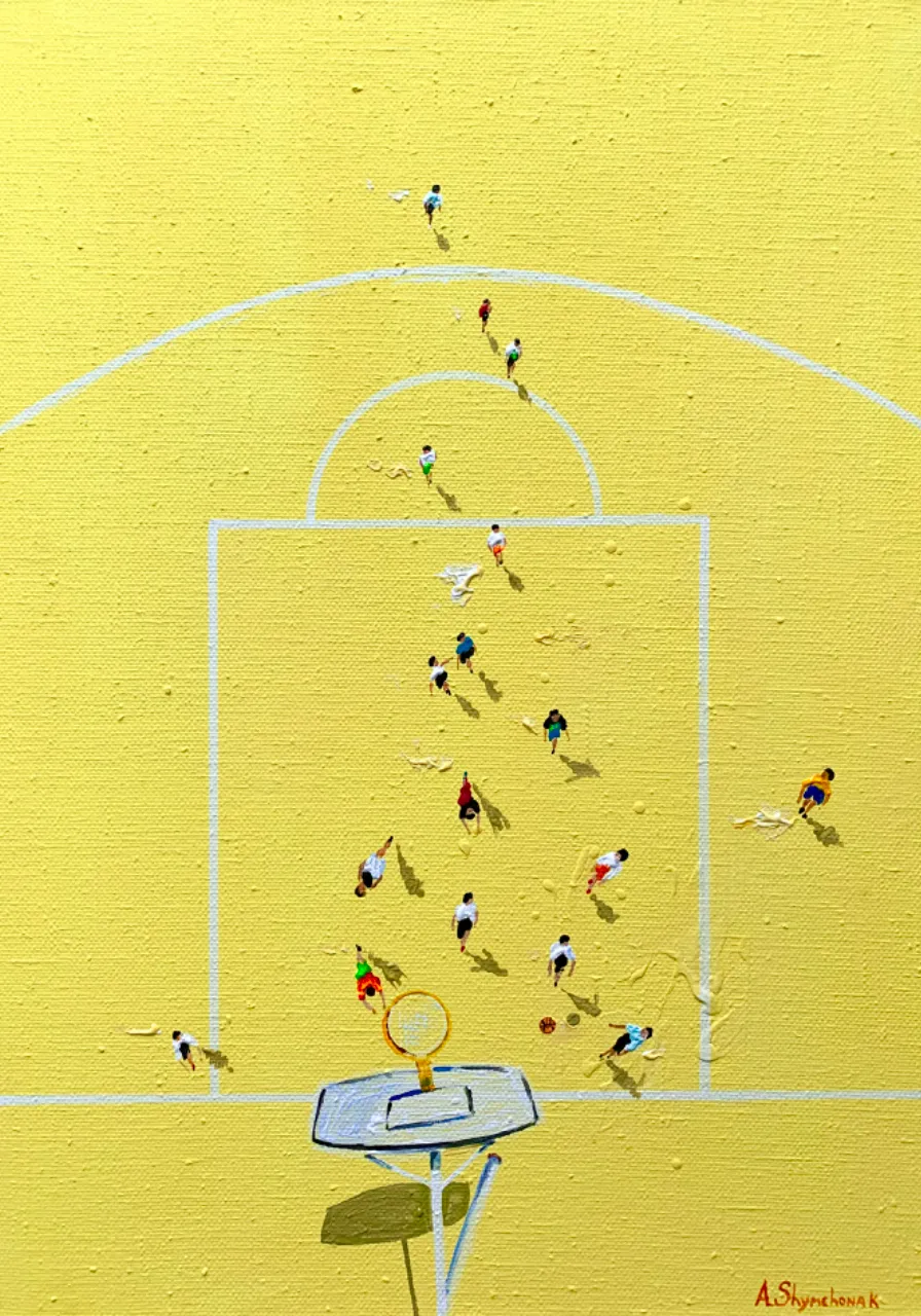 a painting of a basketball court with people playing