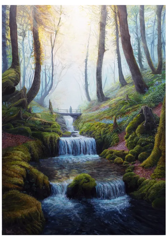 a painting of a waterfall in a forest