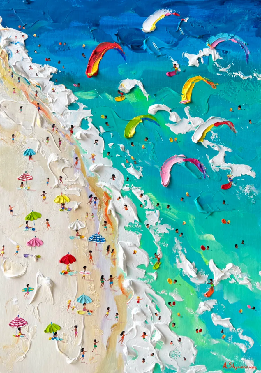 a painting of a beach with people and umbrellas and kitesurfets