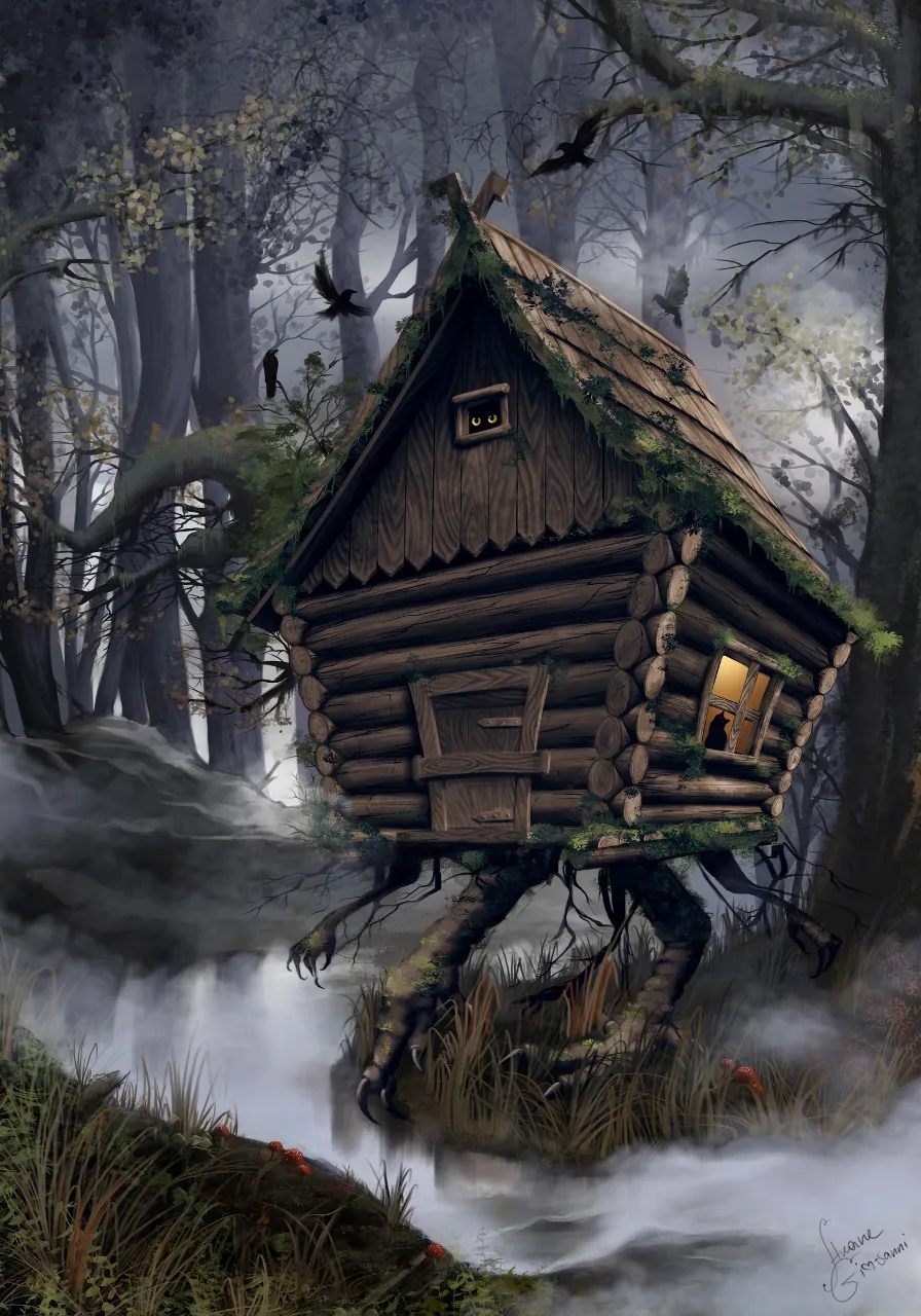 a painting of a log cabin in the woods