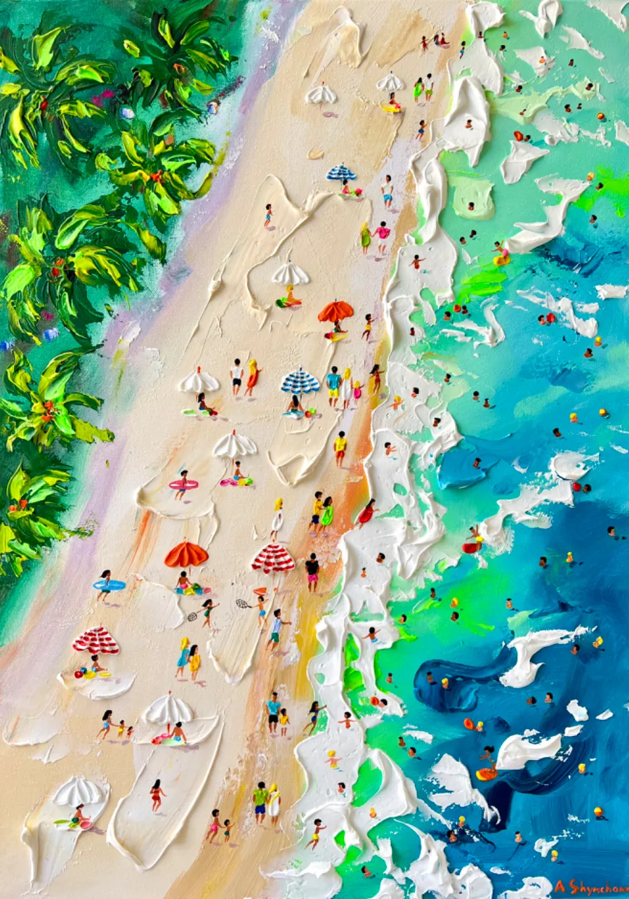 a painting of a beach with people and umbrellas