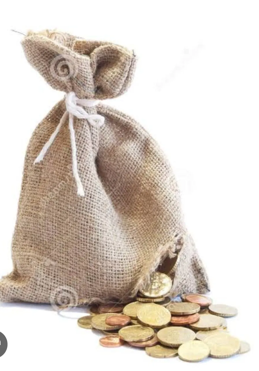 a bag of money sitting on top of a pile of coins