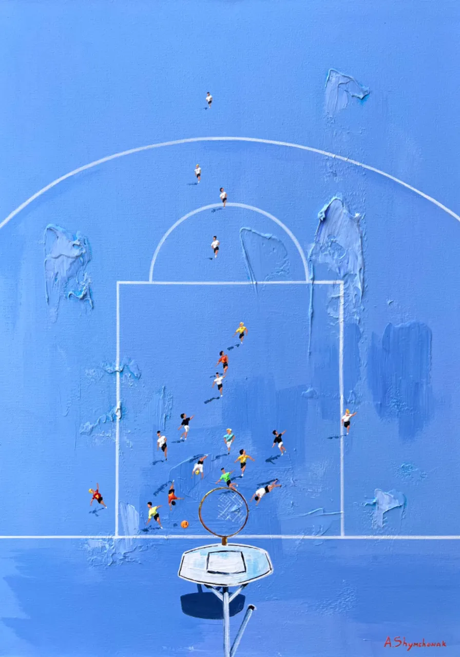 A top view of a basketball game in the style of a Pop Art piece, with bright colors and bold outlines