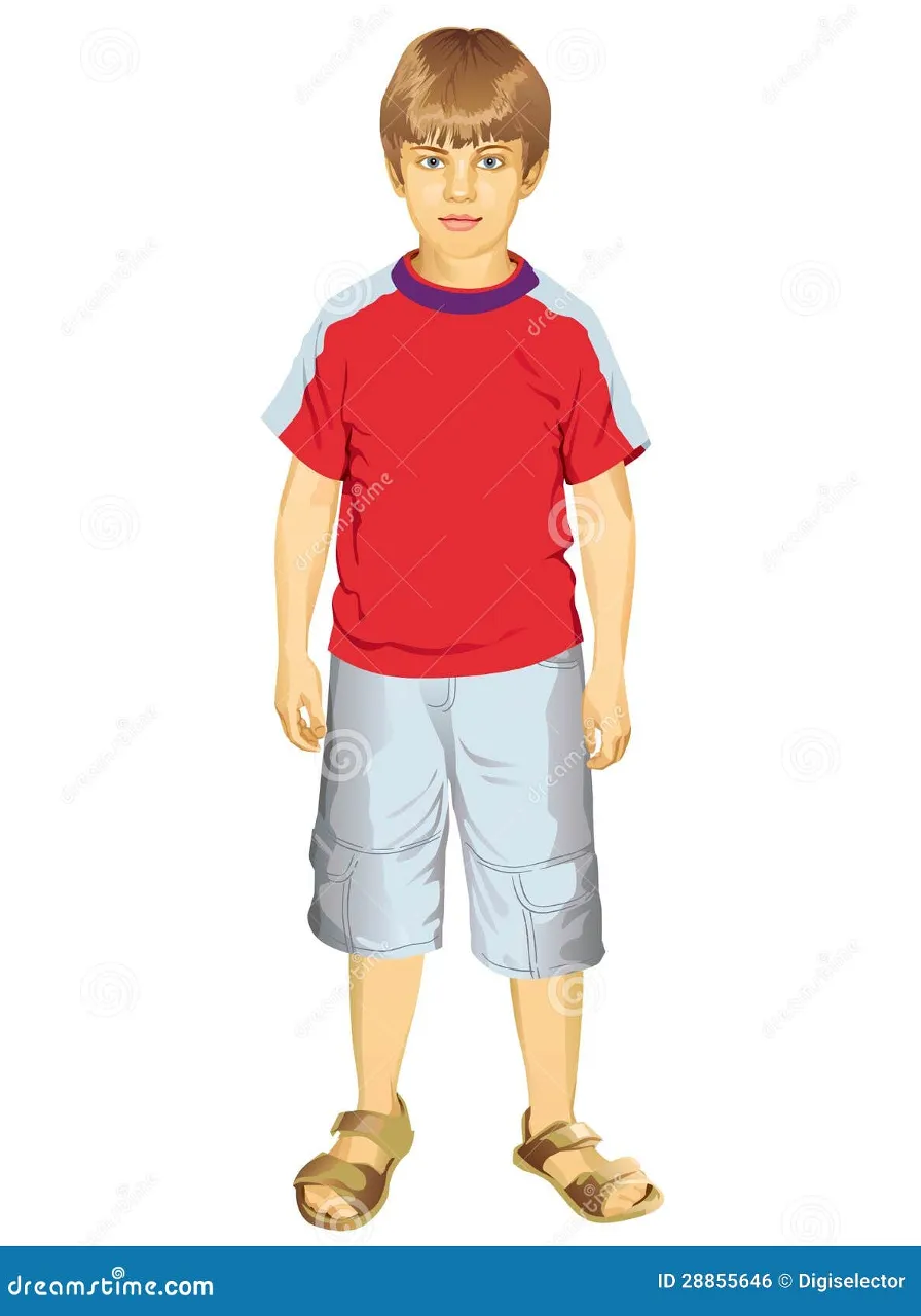 a boy in a red shirt and blue shorts