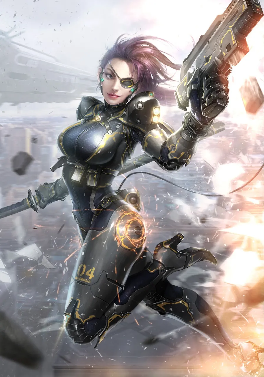 a woman in a futuristic suit holding a gun