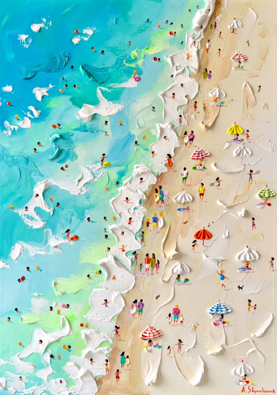 Beach painting with a people and colourful umbrellas 