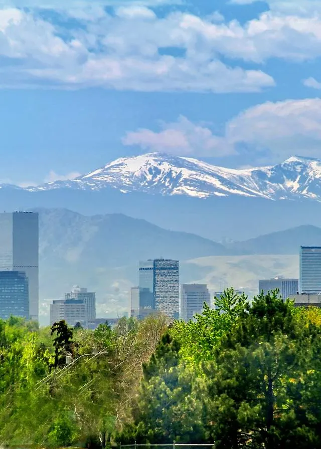 a view of a city with mountains in the background