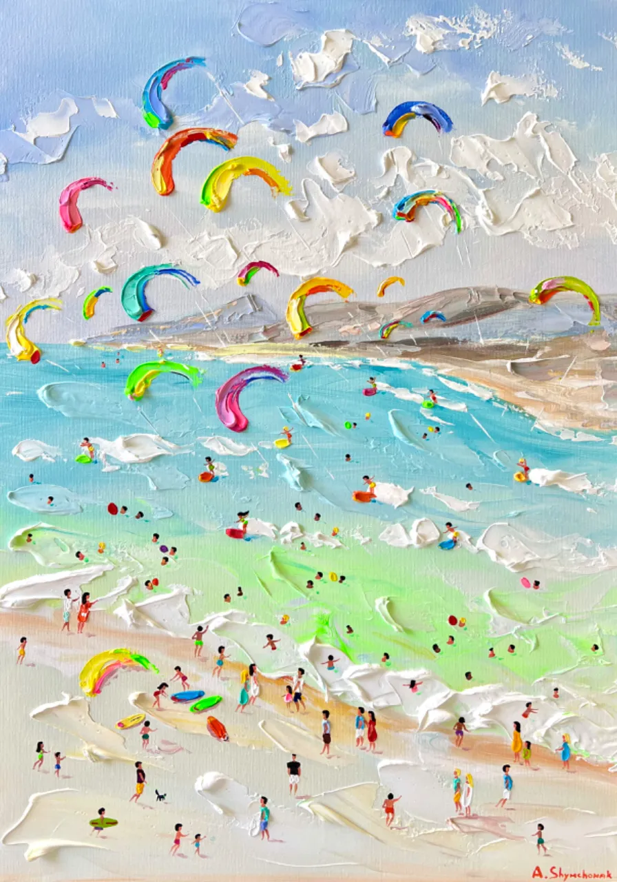 a painting of people flying kites on a beach