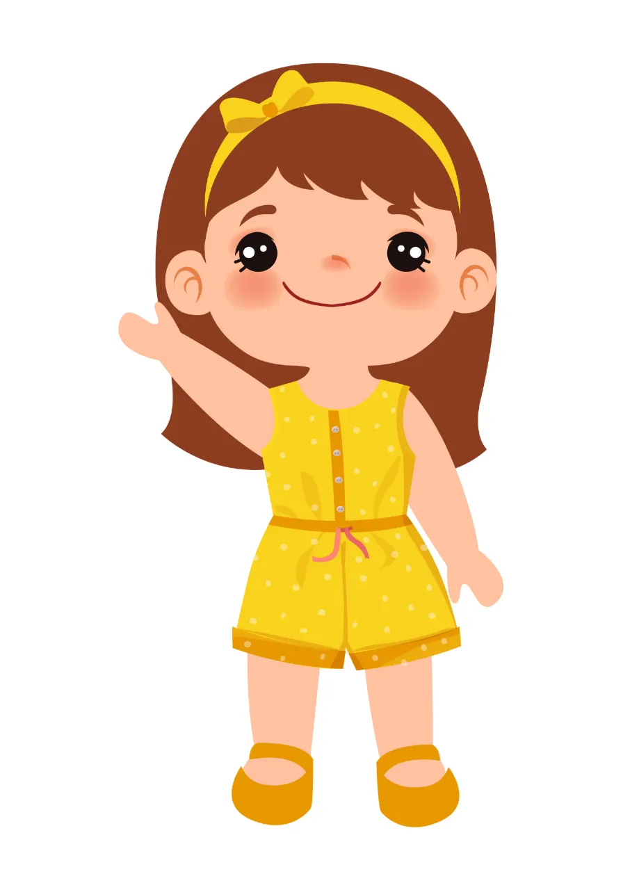 a little girl in a yellow dress pointing at something