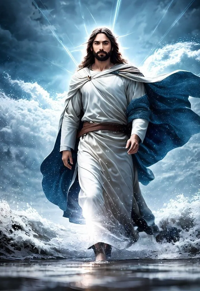 jesus walking through the water with his cape on