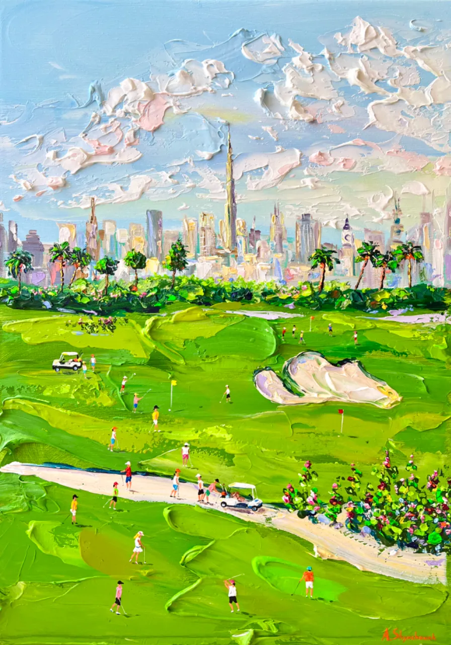 a painting of a golf course with a city in the background