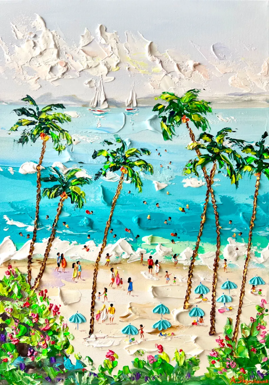 a painting of a beach with palm trees and people swimming in a sea