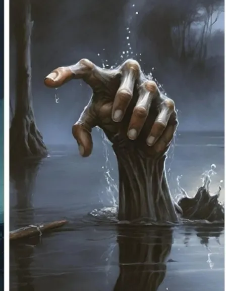 a painting of a hand reaching out of the water