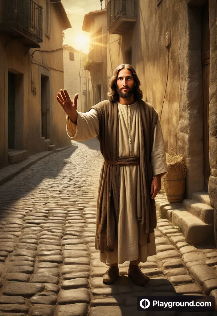 a man in a robe standing on a cobblestone street