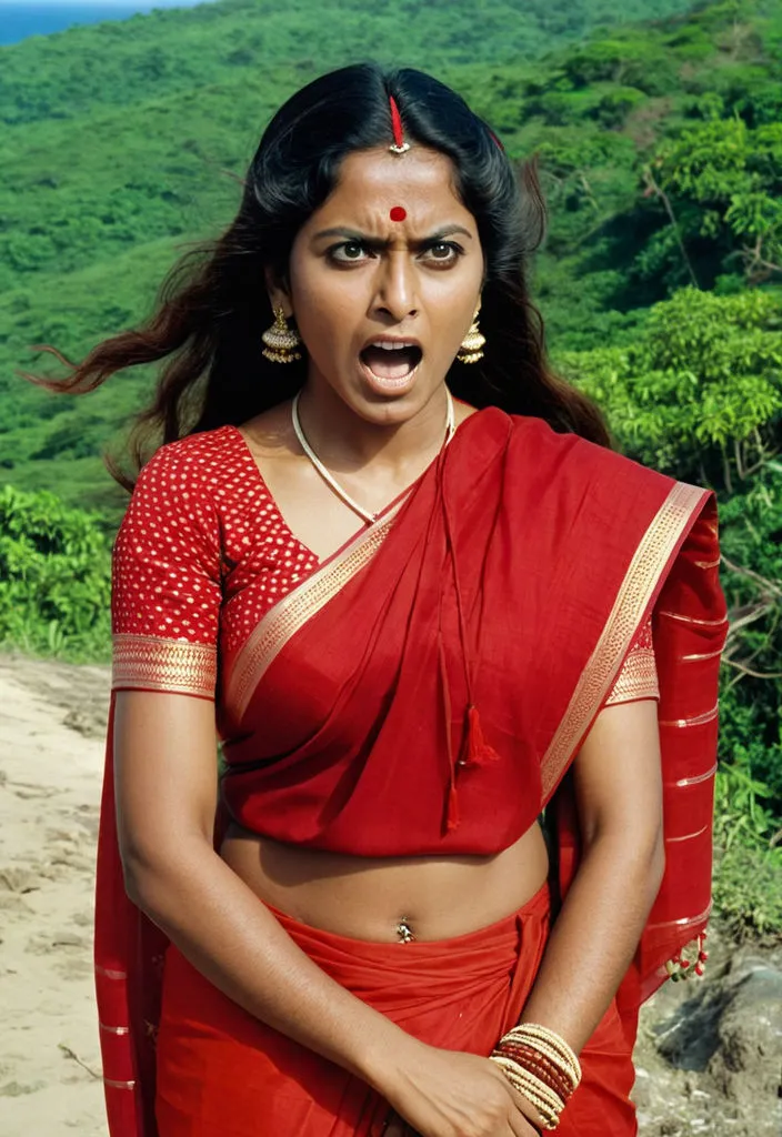 a woman in a red sari with a surprised look on her face