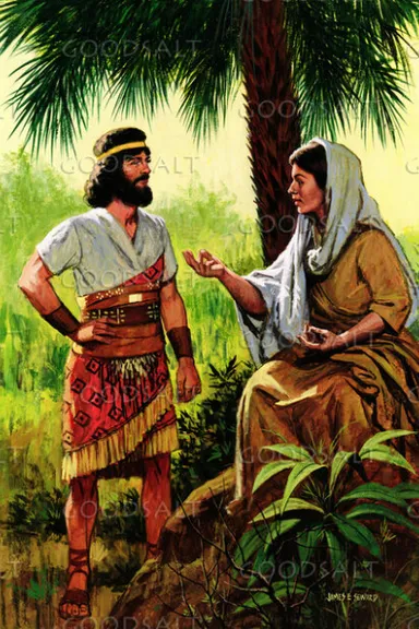 man talking to a woman under a palm tree