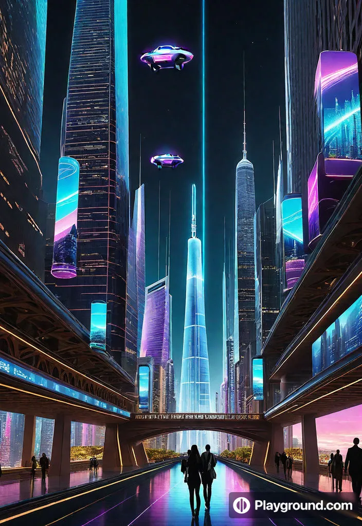 a futuristic city at night with people walking around