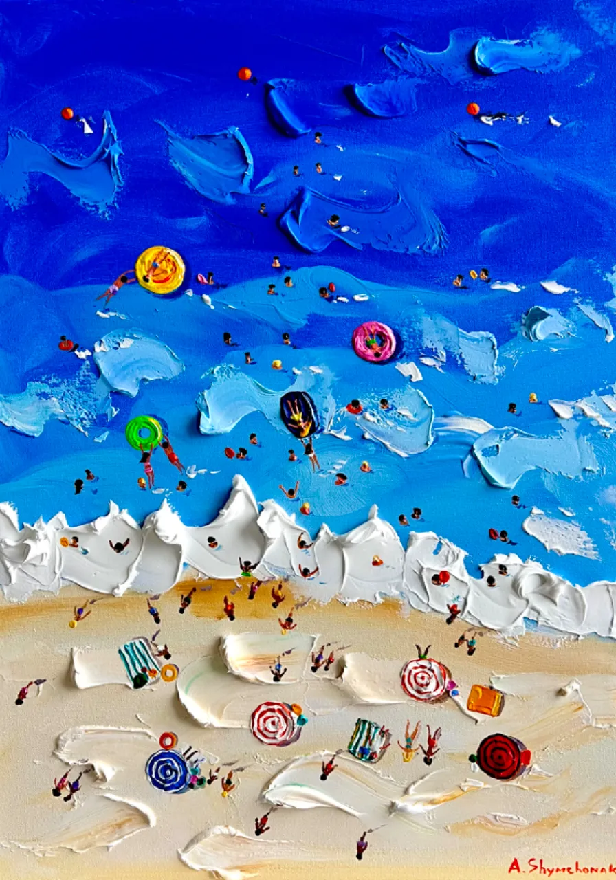 a painting of a beach scene with a blue sea