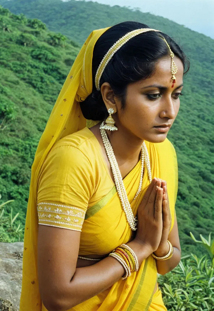 a woman in a yellow sari is praying