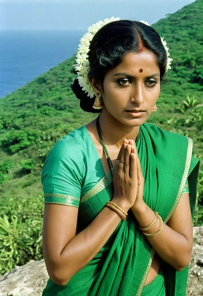 a woman in a green sari praying