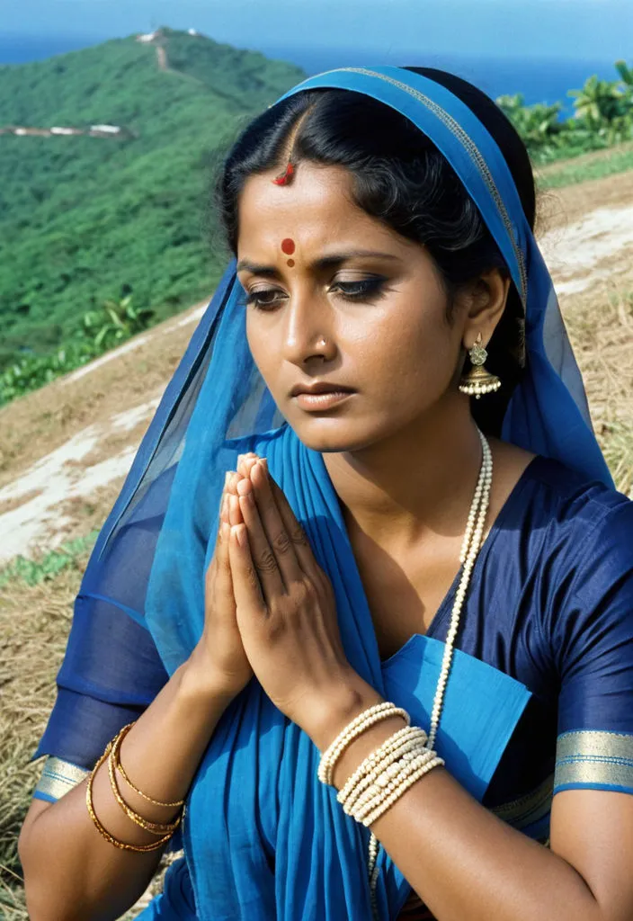 a INDIAN woman in a blue sari praying