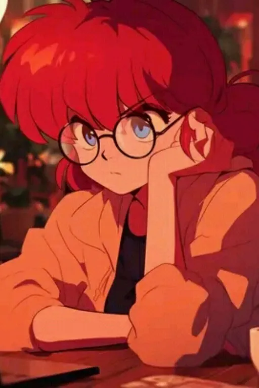 a girl with red hair and glasses and fine nose  sitting at a table