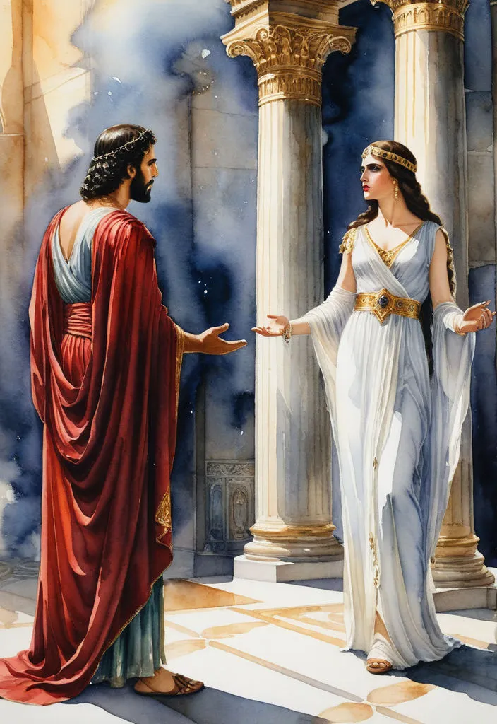 a painting of a woman in a white dress talking to a man in a red