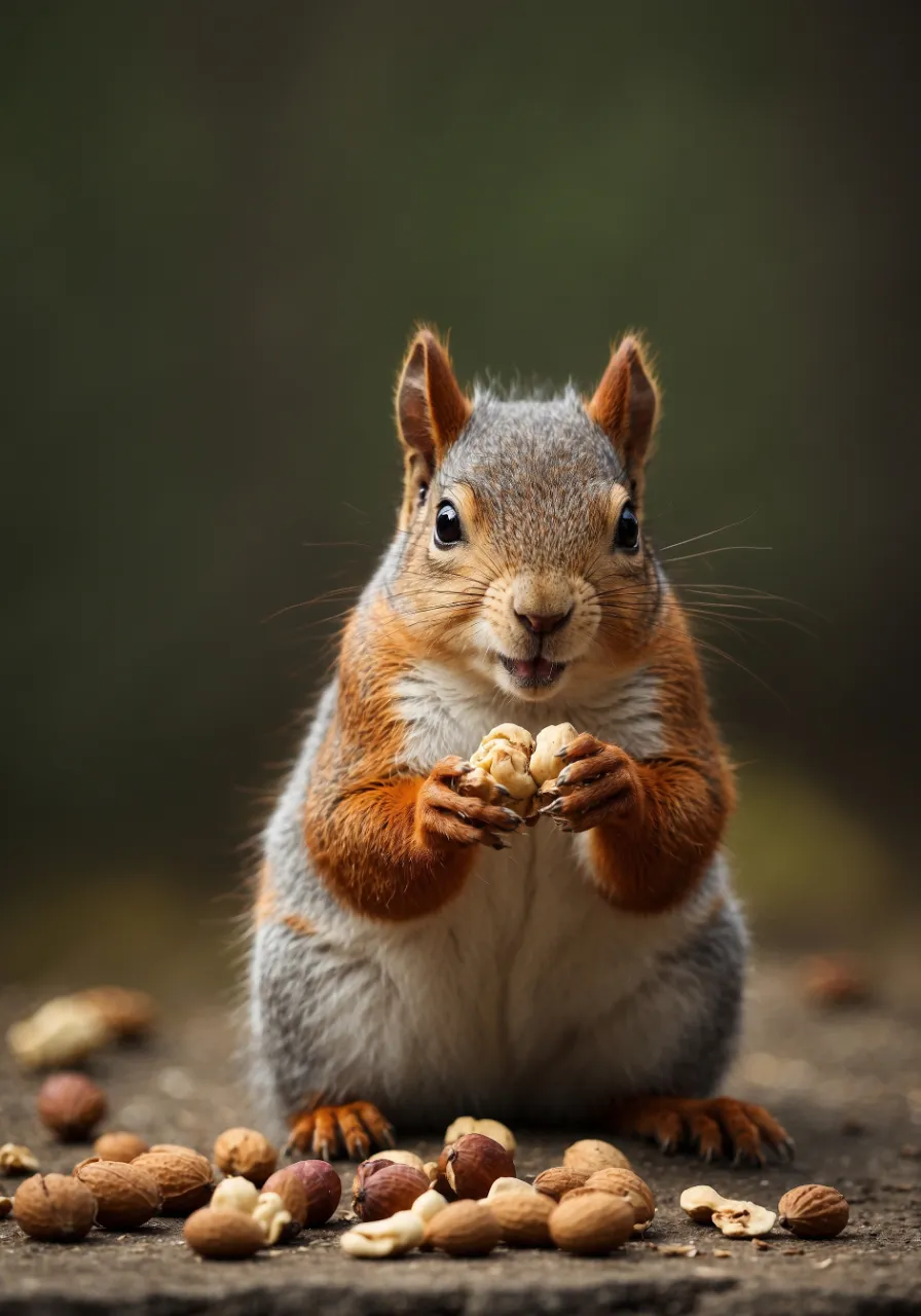 a squirrel is eating nuts on the ground