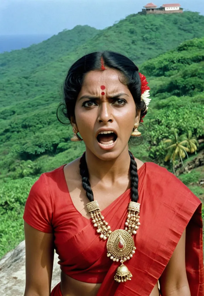 a beautiful woman in a red sari with an angry look on her face