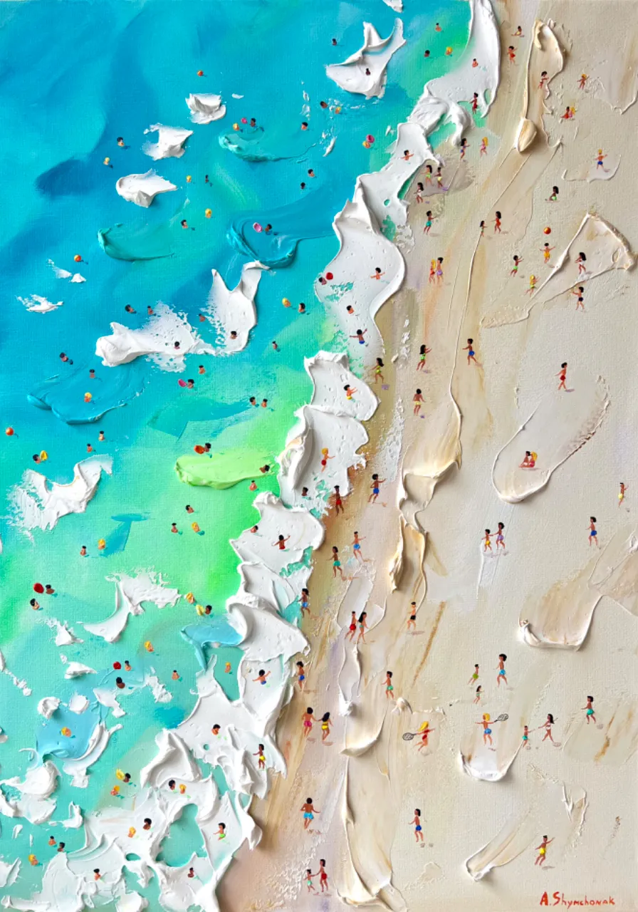 A pastel-colored painting of a crowded beach scene, with intricate parasols, towels, and beachwear