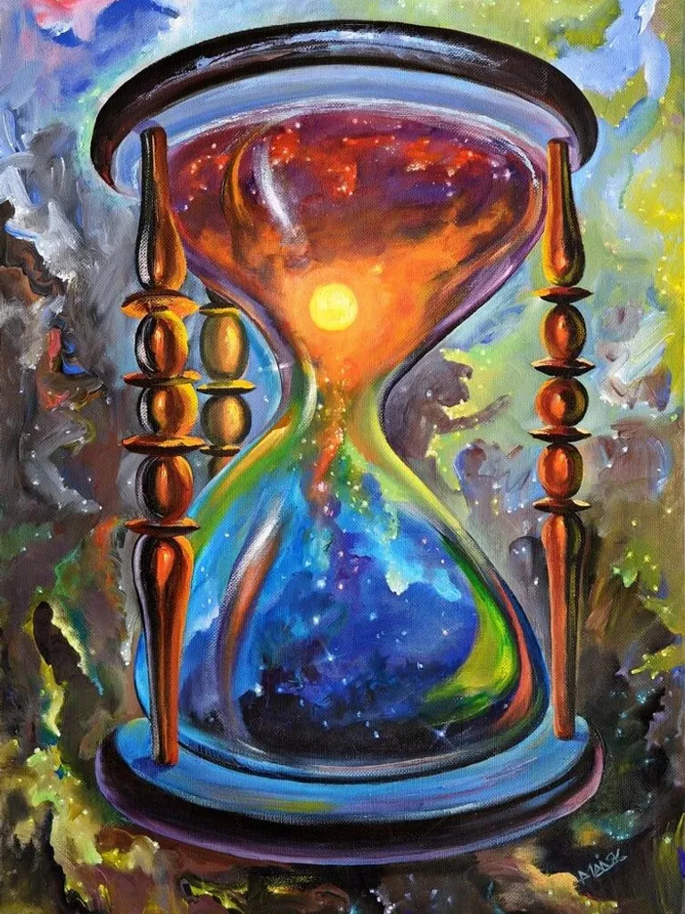 a painting of an hourglass with a colorful background